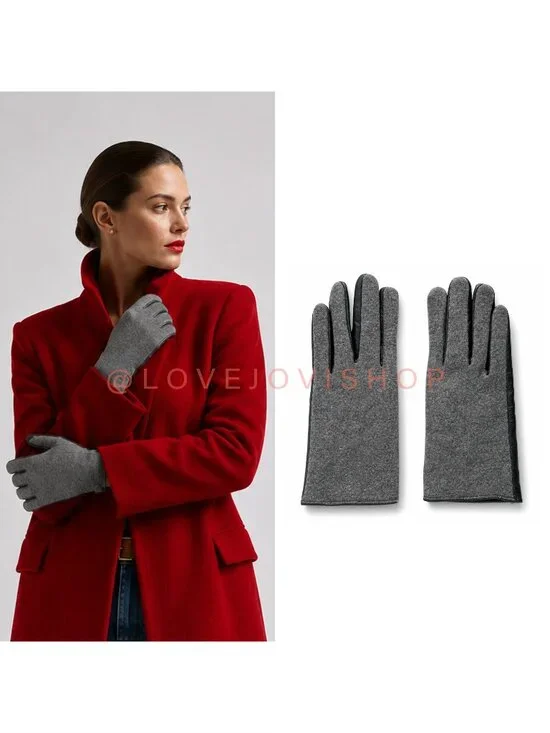 Gloves | Black Leather Gray Wool Blend Driving Gloves | Fleece Lined