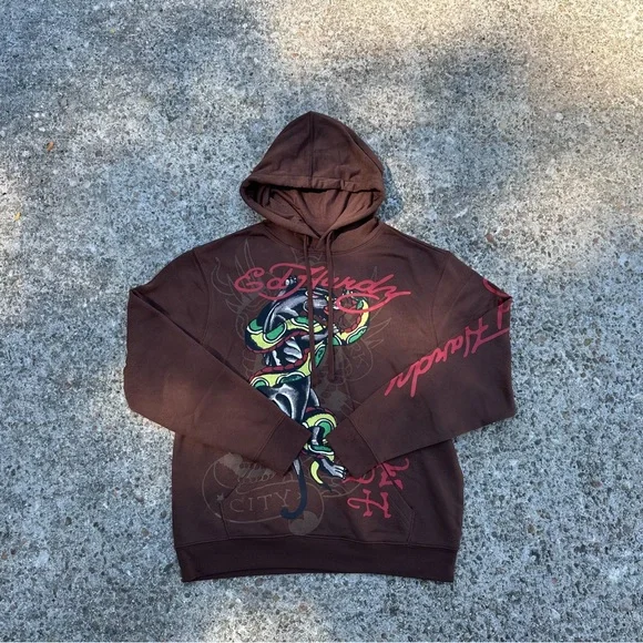 Ed Hardy Brown Hoodie with Red and Green Graphic