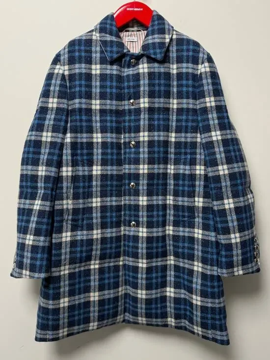 Thom Browne Size 1 Blue Plaid Wool Down Filled Overcoat Made in Italy