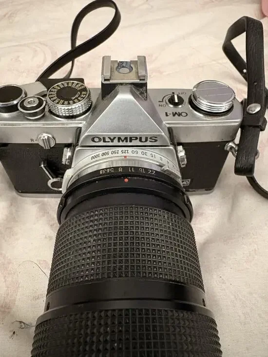 Olympus OM-1 Film Camera W/ Vivitar 75-205mm F3.8 Auto Focus Lens And Arm Sling