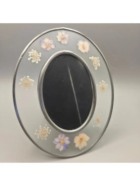 Oval Pressed Flower Glass Photo Frame Metal Trim Back Stand Rear Loading