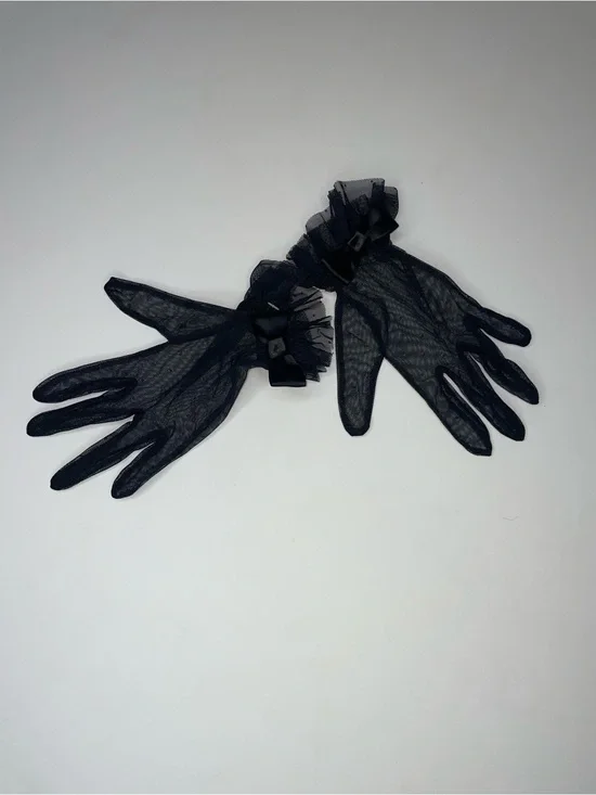 Victoria's Secret Black Sheer Lace Wrist Gloves with Ruffle & Bow