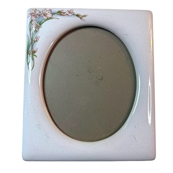 Vintage 70s Ceramic Floral Picture Frame Crackle Glaze White Pink Lily 8x10