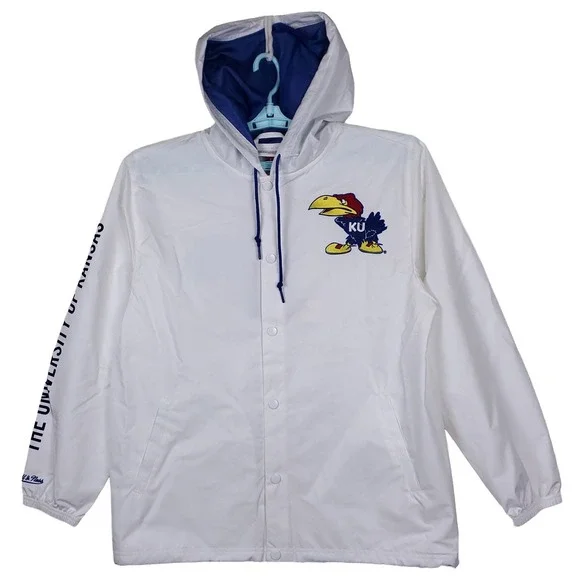Kansas Jayhawks Mitchell & Ness‎ NCAA Large Windbreaker Jacket White NWT