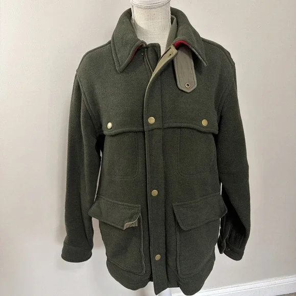LL Bean Green Wool Cruiser Jacket Field Coat Hunting Quilted Removable Shell