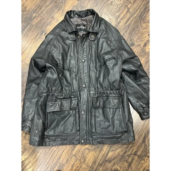 Stratojac Black Leather Jacket Long Heavy Lined Men's Winter Coat Sz XXL‎