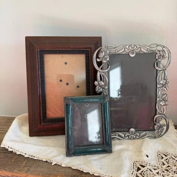 Vintage Picture Frame Set Thomasville Wood Fetco Silver Floral Green Ornate 3pc