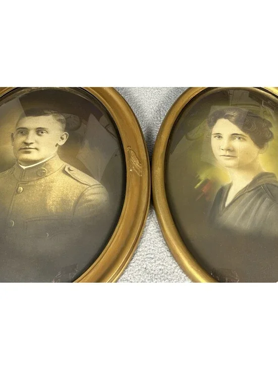 Antique WWI Soldier & Wife Pair Oval Convex Bubble Glass Portrait Frames