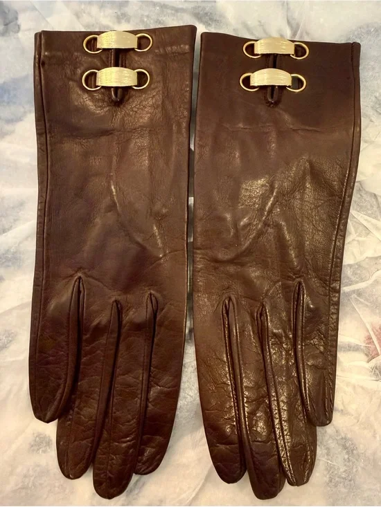 Classic Brown Leather Long Gloves with Gold Hardware