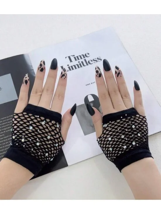 Women’s Punk Fishnet Rhinestone Fingerless Gloves Gothic Short Half Finger Sleev