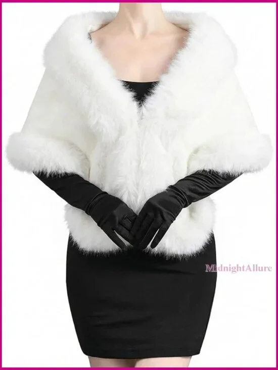 Faux Fur Shawl & Satin Gloves Set for Weddings Parties Performances