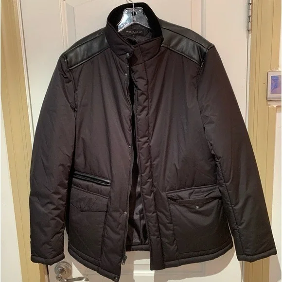 PRONTO UOMO. NWOT. Black jacket w/faux leather trim on shoulder. Three pockets.
