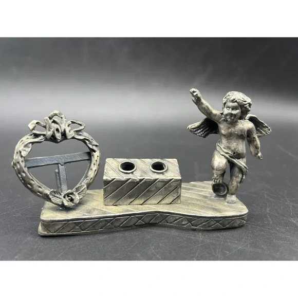 Vintage Hollywood Regency Mini Picture Frame Cherub Pen Holder Silver plated