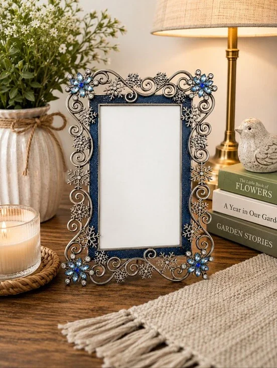 Winter Snowflake Blue Rhinestone Decorative 4x6 Metal Picture Frame Easel Back