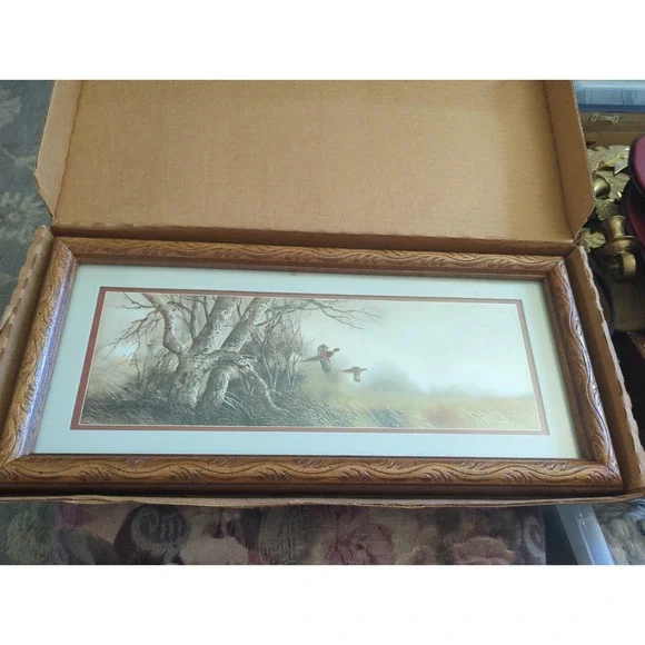Vintage Homco Home Interiors Framed W/Matte Pheasants In Flight 8.5 x 18.5