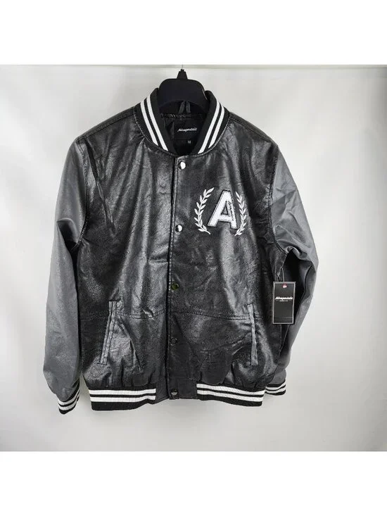 Aeropostale Jacket Mens M Black Varsity Snap Bomber Logo NWT