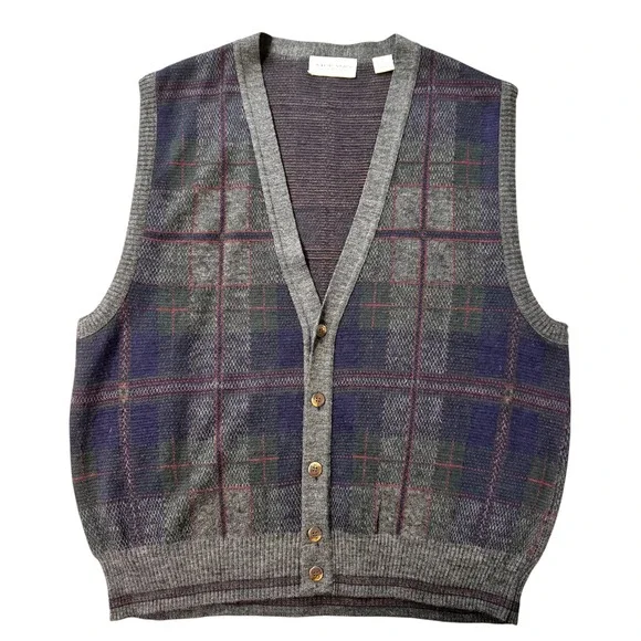 Vintage Murano Plaid V-Neck Button Front‎ Sweater Vest Size L Made in Italy