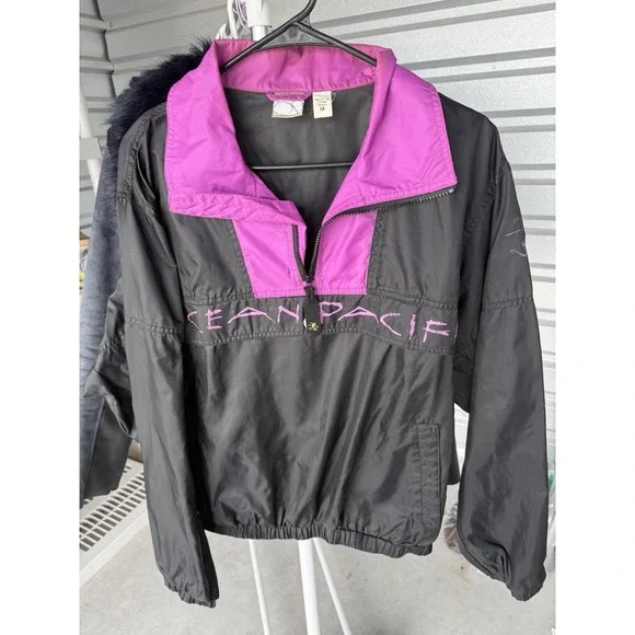 Ocean Pacific OP Vintage Windbreaker Jacket Black Pink Pullover Mens Medium