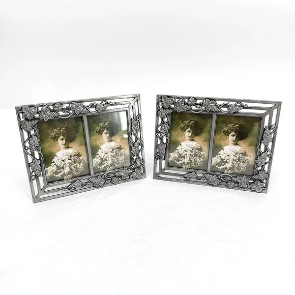 DS&A Inc Metal Dbl Photo Frame Grape Vine Pewter Finish Decor 1.5x2.5 Set of 2