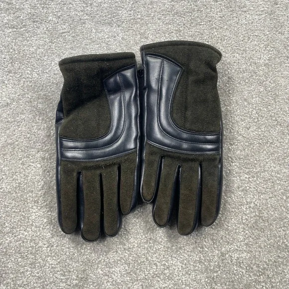 VTG Winter Gloves Ladies Large Green Black Suede Vinyl Snap Wrist Strap Japan