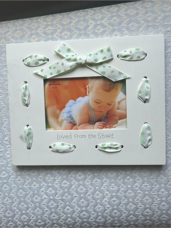New White Baby Photo Frame with Green Polka Dot Ribbon