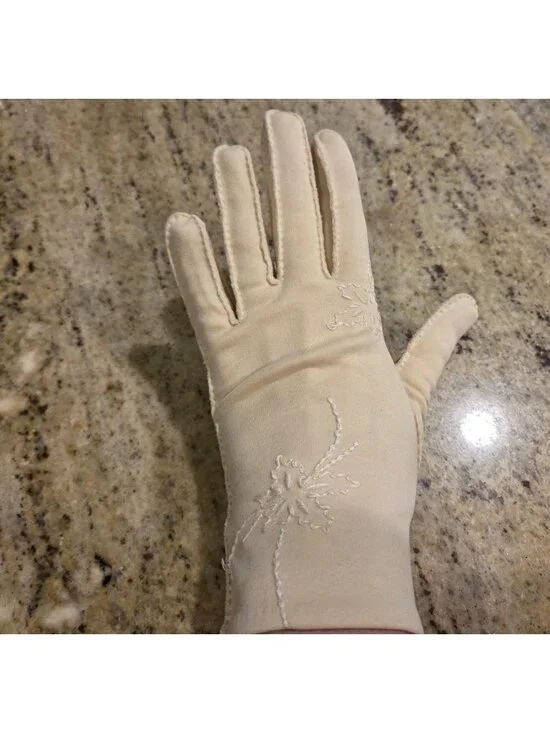 Vintage Womens Size S/M Cream Stretch Cotton Formal Gloves Embroidered Flower