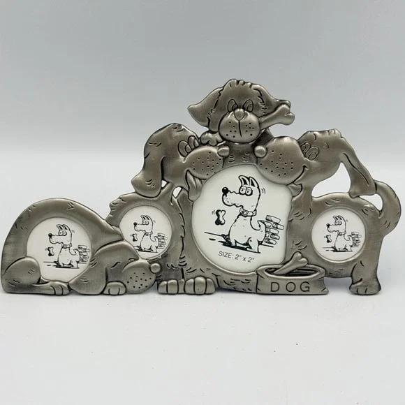 Dog Picture Frame Collage Pewter Tone‎ Cartoon Puppies Bone Bowl Multi Photo