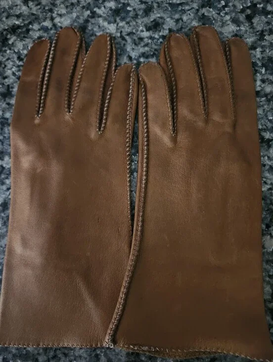 Vtg Stitched Detailing Brown Leather Gloves