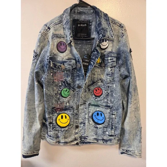 NEW WITH TAGS  Reason Clothing Smiley Face Multi-Pocket Distressed Denim Jacket