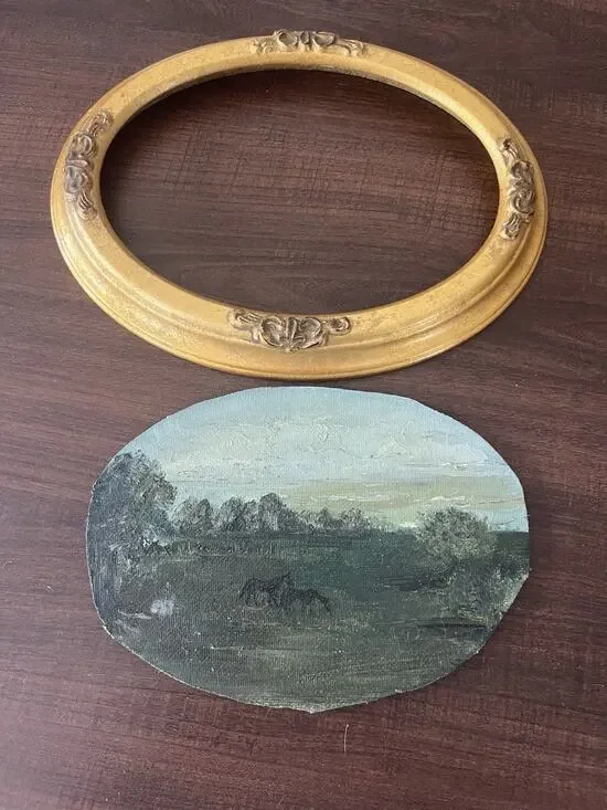 Vintage Wooden Oval Ornate Regency Victorian Framed Painting Of Horses