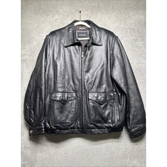 Izod Black Leather Jacket Men's Large Classic Bomber Moto Core‎ Style