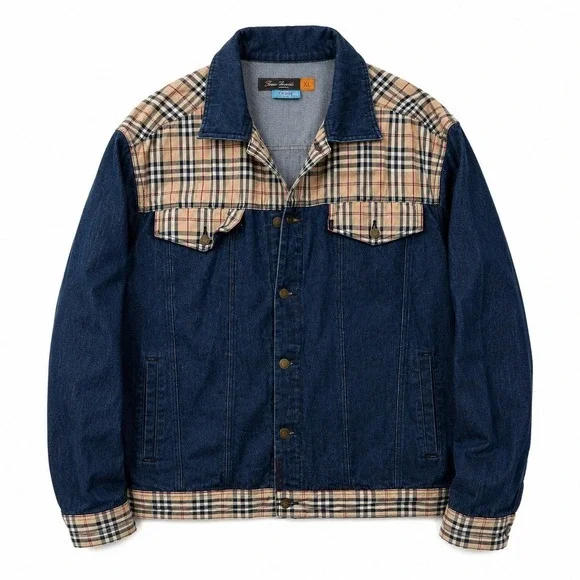 Y2K The Hip-hop Elements T.H.E. Denim Trucker Jacket Plaid Nova Check Mens‎ XL