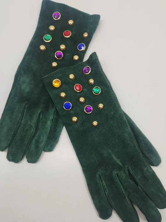 CAROLINA AMATO Green Suede Gloves with Multicolor Jewel Studs 90S