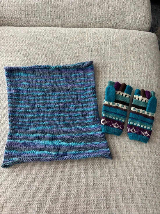 Hand-Knit Teal & Purple Cowl and Fingerless Gloves Set