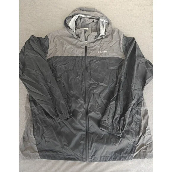 Columbia Mens 2XT Tall Packable Rain Jacket Gray Black Hooded Full Zip Nylon