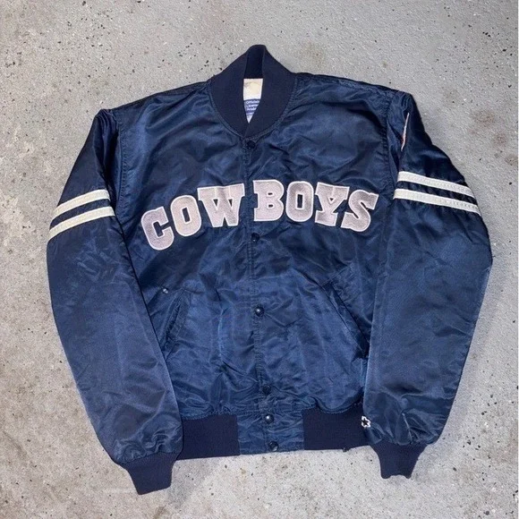 Vintage 90s Dallas Cowboys Starter Satin Varsity Jacket Navy Blue Mens Large‎