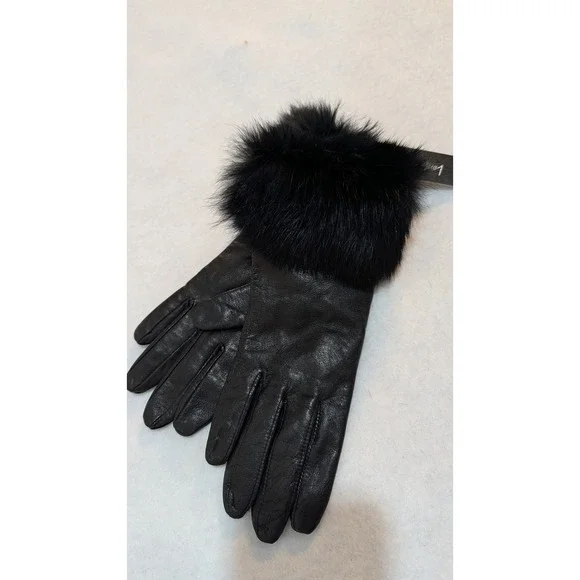 Lord & Taylor Black Leather Gloves Real Rabbit Fur Cuff Acrylic Lined Size 6.5