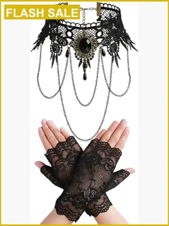 Gothic Lace Choker and Fingerless Gloves Set - Vampire Witch Costume Accessory