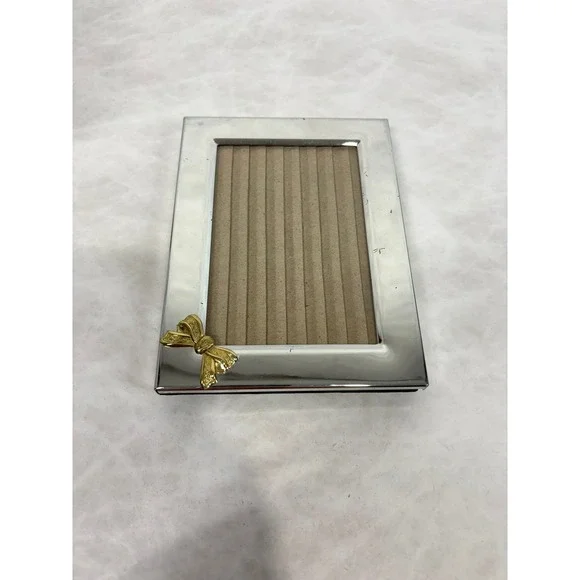 Vintage Silver‎ Tone Picture Frame Gold Bow Accent 3.5x5 Tabletop Wall Hanging