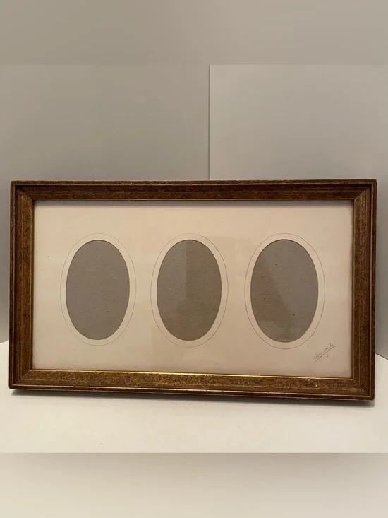 Vintage Olan Mills 3 Photo Frame Antiqued Gold Wood Holds 2.5”x3.5” Photos 70’s