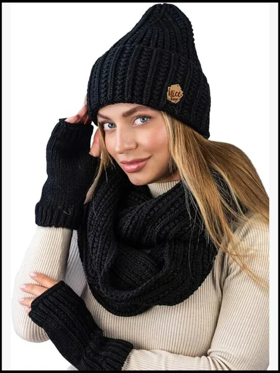 3-Piece Knit Winter Hat Scarf Glove Set, Fingerless Mittens