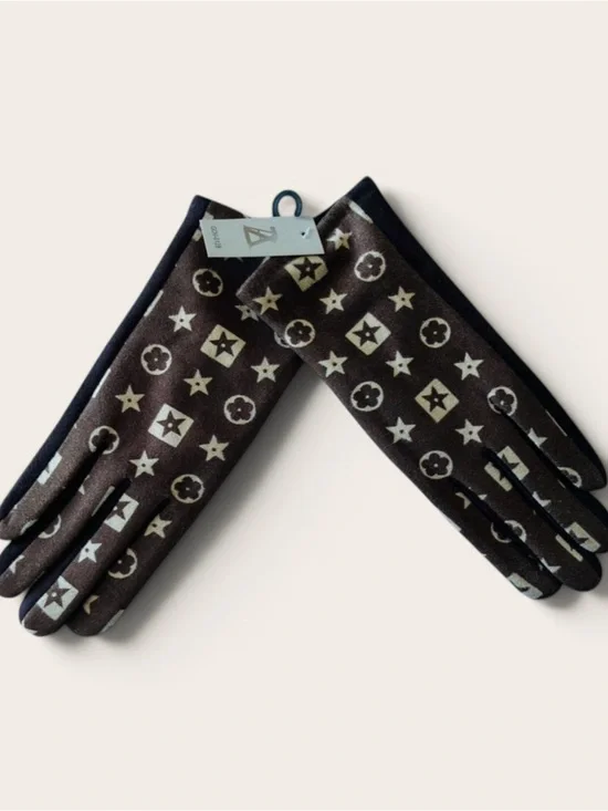 New Women’s M/L Brown Monogram Print Stretch Gloves Soft Touch Winter Fall
