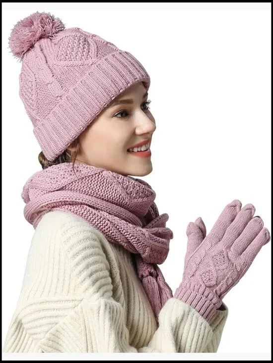 3-Piece Knit Hat Scarf Gloves Set with Pom Pom Touchscreen Gloves