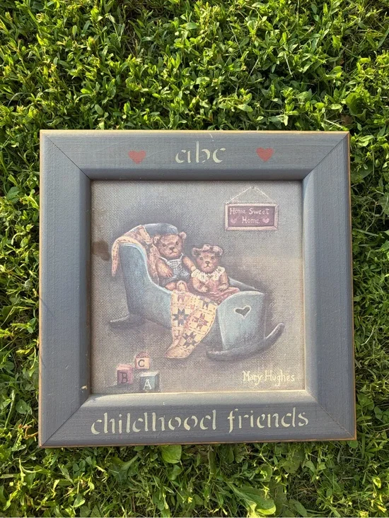 Vintage Children’s Wood Square Picture Frame Teddy Bears Hanging Wall Mount