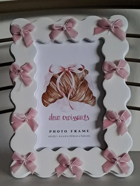 White Picture Frame with Pink Ribbon Bows - Charming Photo Display