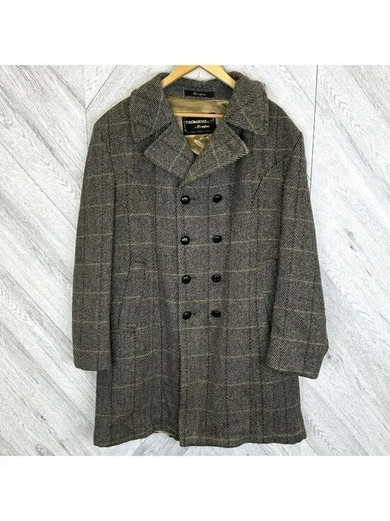 VTG 60s Croydon Promenade Tweed Wool Overcoat Mens L Double Breasted Windowpane