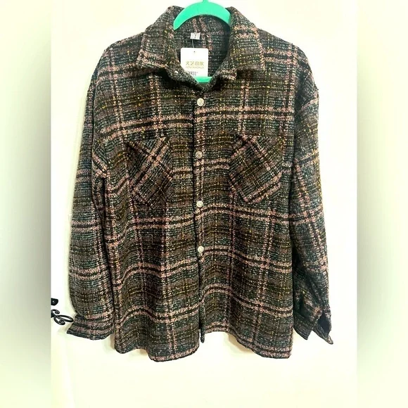 Unisex Shacket thick shirt plaid pink grey brown size xxl NWT