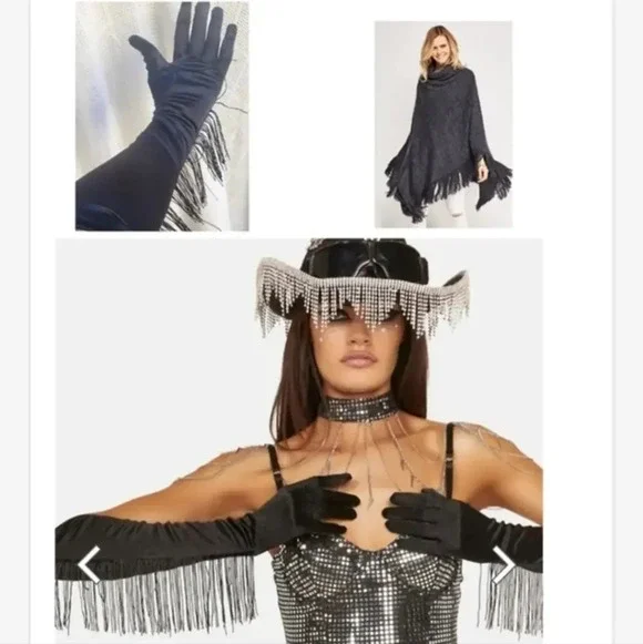 Black Satin Long Fringe‎ Gloves  NWT