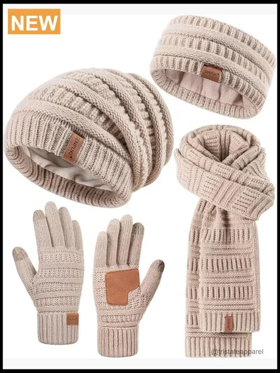 Winter Beanie Hat Scarf Gloves Headband Set, Slouchy Knit Touchscreen Gloves