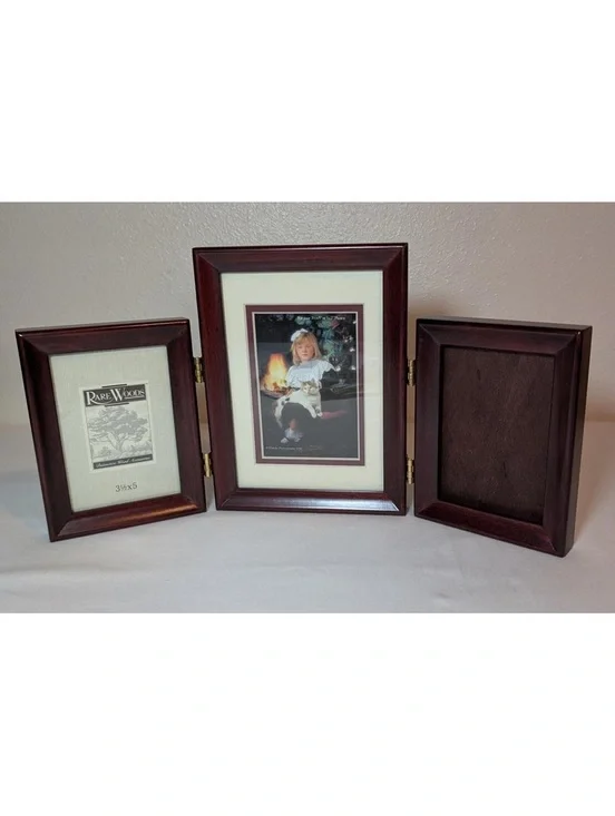 Rare Woods Triple Wooden Photo Frame- 2 3.5x5 and 1 5x7- Missing Glass One Panel